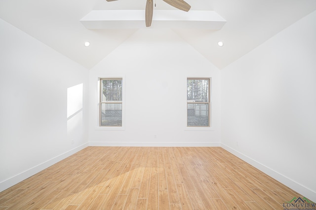 spare room with ceiling fan, beam ceiling, high vaulted ceiling, and light hardwood / wood-style flooring