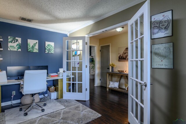 1317 Tiffany Ln, Longview, TX 75604 - office area with french doors, crown molding, wood finished floors, and a textured ceiling