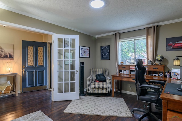 1317 Tiffany Ln, Longview, TX 75604 - office featuring a textured ceiling, ornamental molding, wood finished floors, and french doors