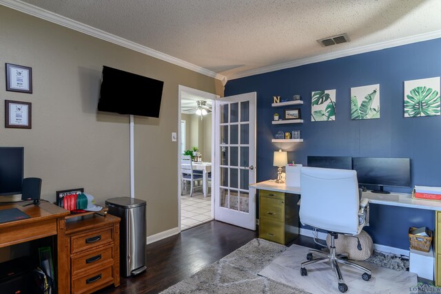 1317 Tiffany Ln, Longview, TX 75604 - office featuring ornamental molding, a textured ceiling, dark wood finished floors, french doors, and baseboards