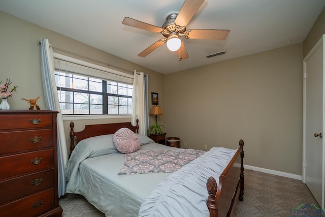 bedroom with visible vents, a ceiling fan, and baseboards