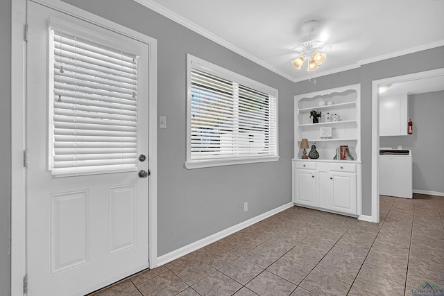 entryway featuring built in shelves, ceiling fan, light tile patterned floors, and ornamental molding