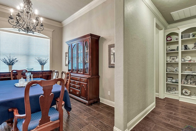 1624 Olympic Dr, Longview, TX 75605 - dining space with dark wood finished floors, a textured wall, a chandelier, baseboards, and ornamental molding