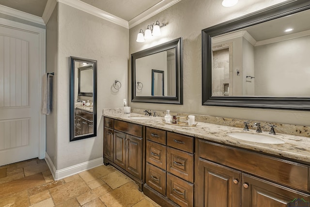 1624 Olympic Dr, Longview, TX 75605 - bathroom with stone tile flooring, double vanity, ornamental molding, and baseboards