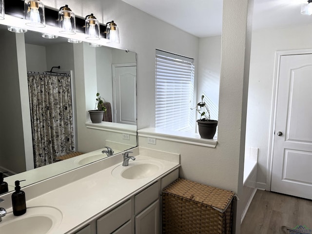 bathroom featuring vanity, wood-type flooring, and a shower with curtain