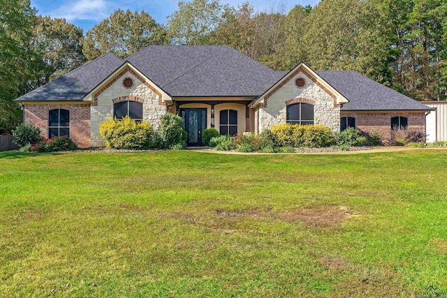 french provincial home featuring stone siding, a front lawn, and roof with shingles