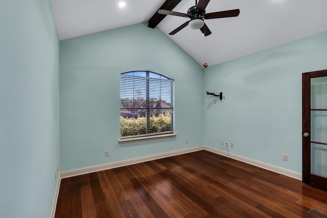 empty room with hardwood / wood-style floors, ceiling fan, and vaulted ceiling with beams