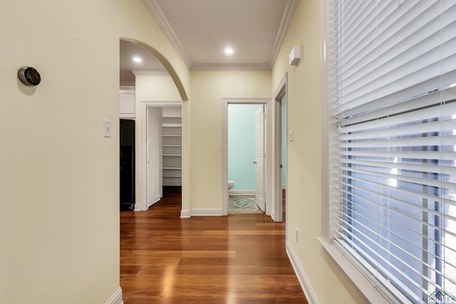 hall featuring dark hardwood / wood-style floors and ornamental molding