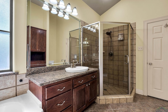 bathroom featuring vanity, lofted ceiling, and a shower with door