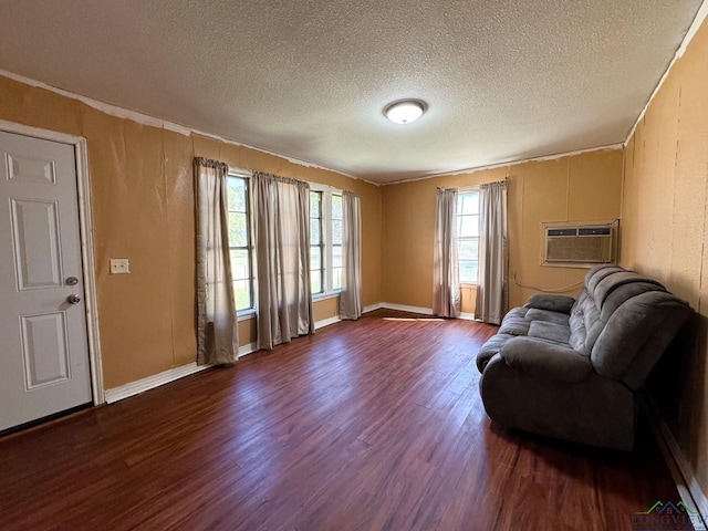 living area featuring a wall mounted air conditioner, a textured ceiling, and dark hardwood / wood-style flooring