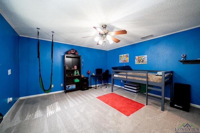 unfurnished bedroom featuring ceiling fan, carpet, crown molding, and a textured ceiling