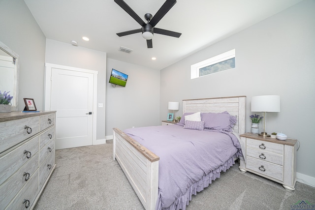 carpeted bedroom with ceiling fan