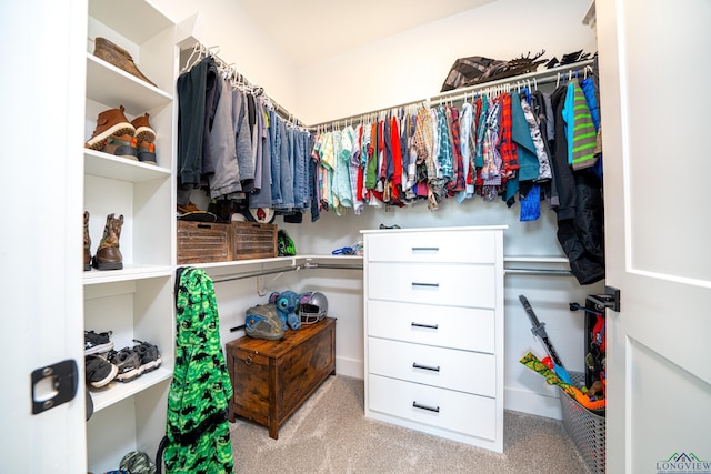 spacious closet featuring light colored carpet