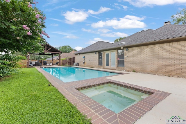 1312 Enchanted Ln, Longview, TX 75604 - view of swimming pool featuring an in-ground hot tub, a gazebo, french doors, and a patio area