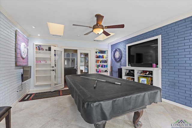 1312 Enchanted Ln, Longview, TX 75604 - rec room featuring brick wall, crown molding, ceiling fan, pool table, and tile patterned flooring