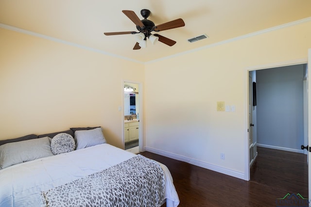 bedroom with crown molding, ceiling fan, visible vents, dark wood-style flooring, and baseboards
