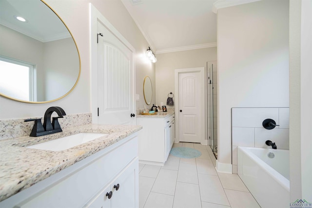 full bathroom featuring a shower stall, tile patterned floors, a sink, crown molding, and two vanities