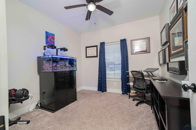 carpeted office space with baseboards and ceiling fan