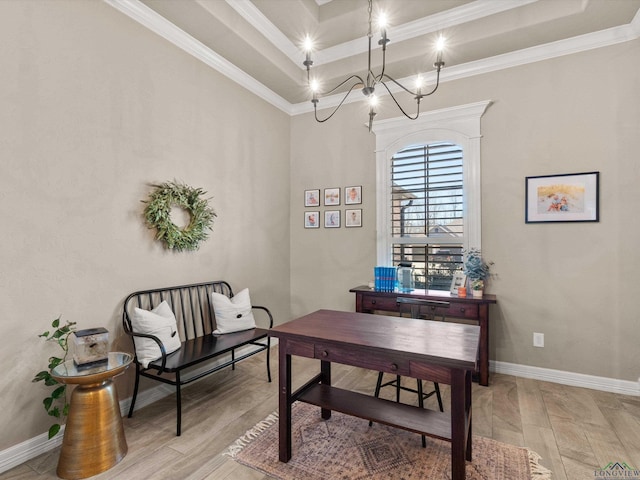 office space featuring an inviting chandelier and crown molding