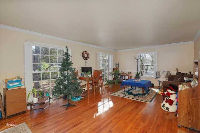 living room featuring hardwood / wood-style flooring and crown molding