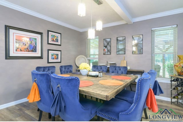 dining space featuring beam ceiling, wood-type flooring, and ornamental molding