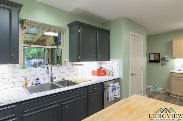 kitchen with stainless steel dishwasher, dark hardwood / wood-style floors, sink, and tasteful backsplash