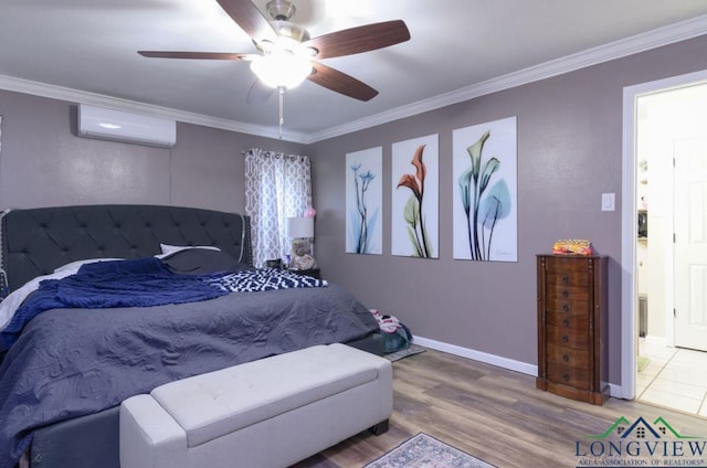 bedroom featuring ceiling fan, crown molding, wood-type flooring, and an AC wall unit