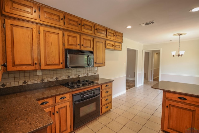 1302 Jeff Davis Dr, Tyler, TX 75703 - kitchen featuring black appliances, tasteful backsplash, brown cabinets, light tile patterned floors, and crown molding