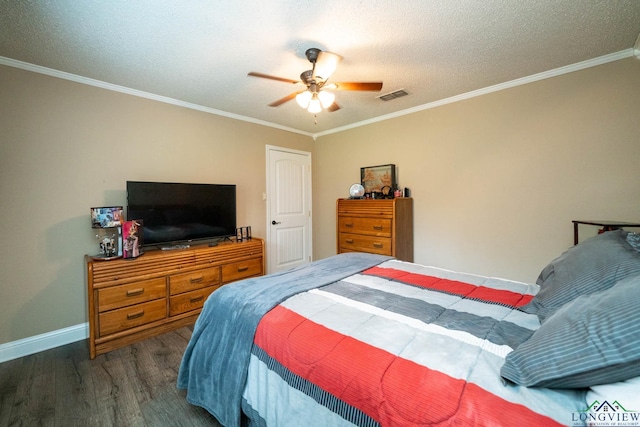 1901 Azalea St, Gilmer, TX 75644 - bedroom featuring a textured ceiling, baseboards, visible vents, wood finished floors, and crown molding