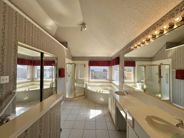 bathroom featuring tile patterned floors, separate shower and tub, and vaulted ceiling