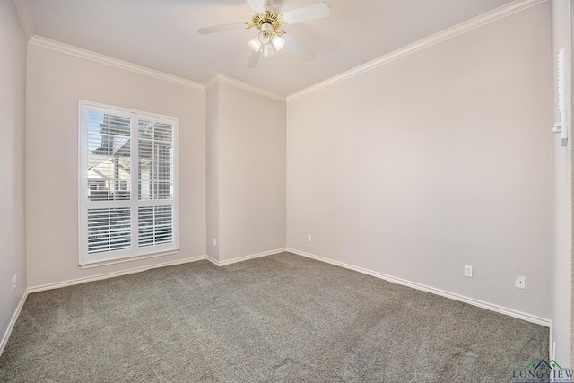 carpeted empty room with ceiling fan and crown molding