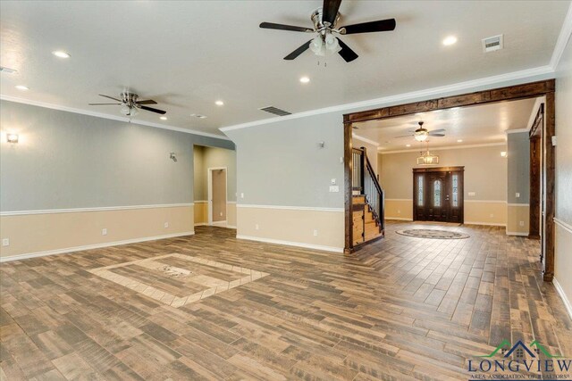 5796 Hwy 271 S, Pittsburg, TX 75686 - unfurnished living room featuring crown molding, ceiling fan, wood finished floors, recessed lighting, and baseboards