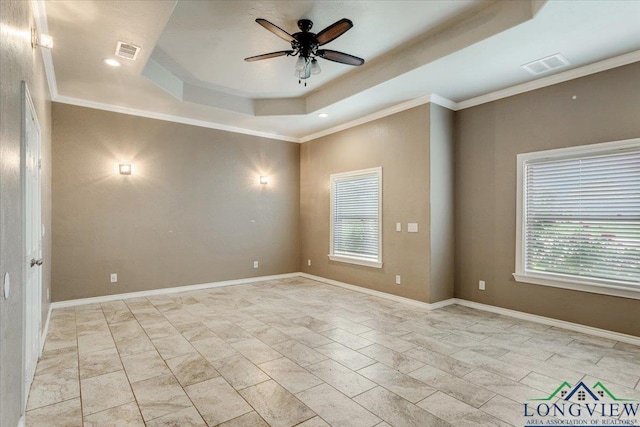 5796 Hwy 271 S, Pittsburg, TX 75686 - unfurnished room with a tray ceiling, ceiling fan, crown molding, recessed lighting, and baseboards