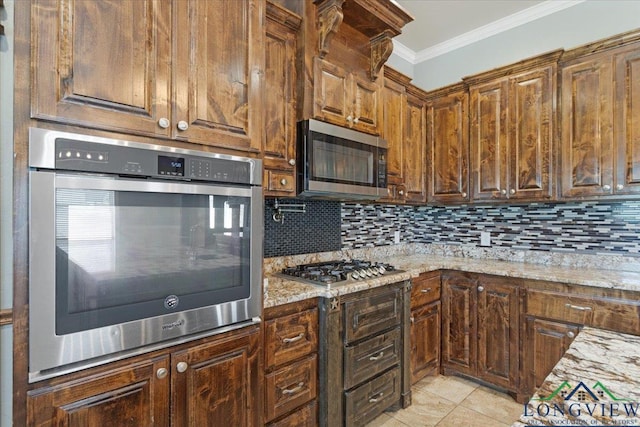 5796 Hwy 271 S, Pittsburg, TX 75686 - kitchen with stainless steel appliances, tasteful backsplash, crown molding, light stone counters, and light tile patterned flooring