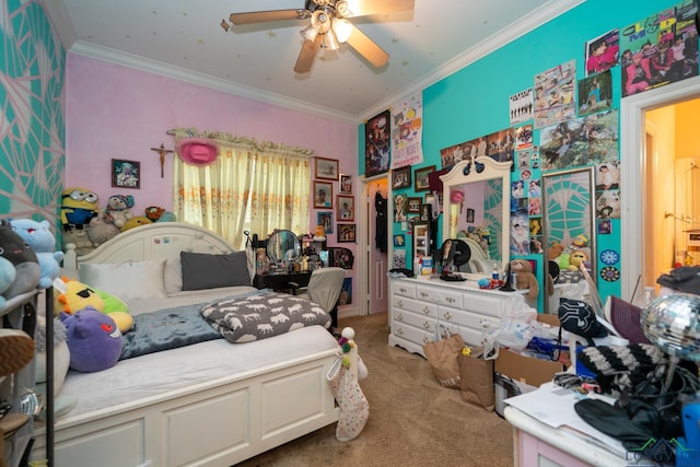 bedroom featuring light colored carpet, ceiling fan, and ornamental molding