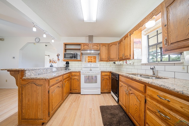 kitchen featuring dishwasher, sink, tasteful backsplash, white electric stove, and kitchen peninsula