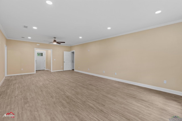 1406 Commerce, Kilgore, TX 75662 - empty room featuring recessed lighting, crown molding, baseboards, ceiling fan, and light wood-type flooring