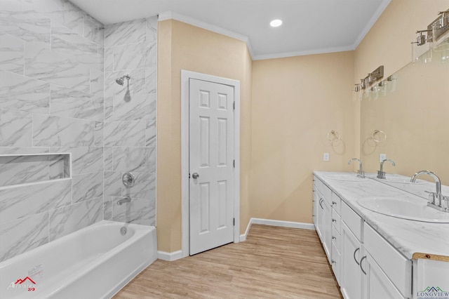 1406 Commerce, Kilgore, TX 75662 - full bath featuring crown molding, bathing tub / shower combination, wood finished floors, baseboards, and double vanity