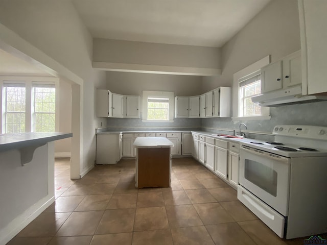 kitchen featuring tasteful backsplash, a center island, white cabinets, and white electric range oven