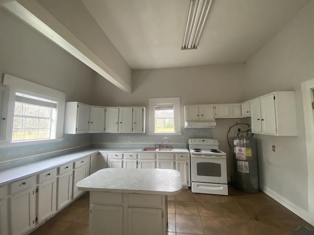 kitchen featuring a kitchen island, white cabinetry, sink, electric water heater, and white appliances