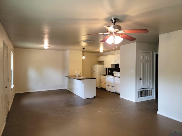 kitchen with kitchen peninsula, white appliances, ceiling fan, pendant lighting, and white cabinets