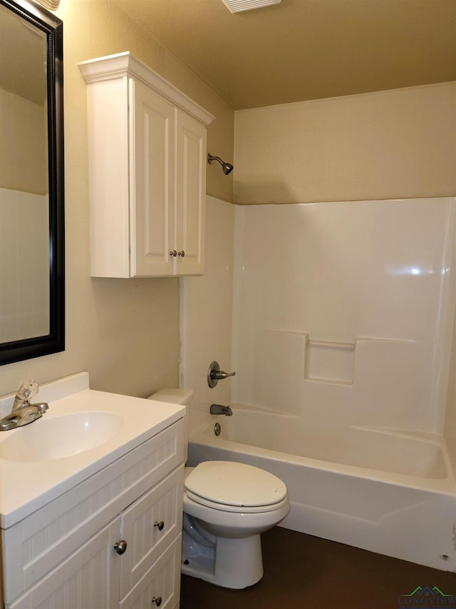 full bathroom with vanity, bathtub / shower combination, and toilet