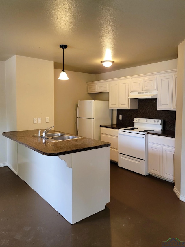 kitchen featuring kitchen peninsula, white appliances, sink, white cabinets, and hanging light fixtures