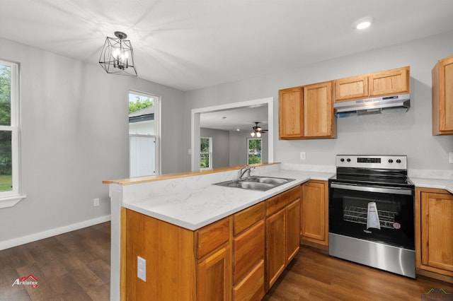 kitchen featuring kitchen peninsula, electric stove, sink, and decorative light fixtures