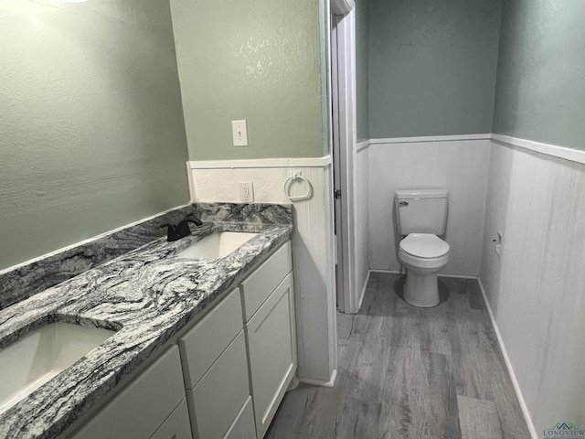 bathroom with vanity, wood-type flooring, and toilet