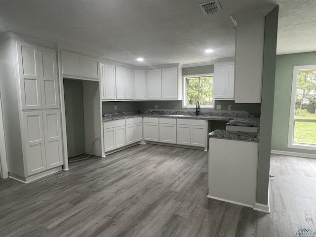 kitchen featuring a wealth of natural light, white cabinets, and dark wood-type flooring