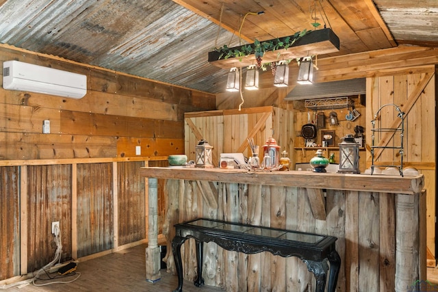 interior space with a wall unit AC, wooden walls, and wood ceiling