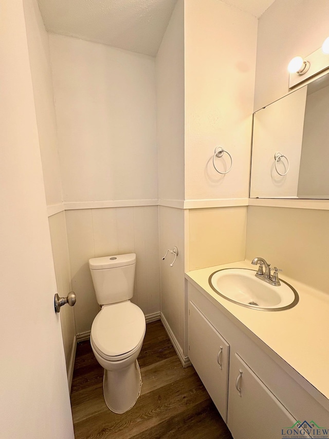 half bathroom featuring wainscoting, toilet, vanity, and wood finished floors
