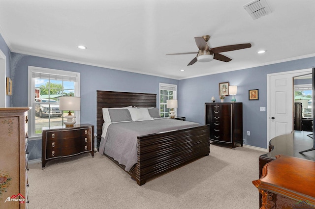 589 County Road 183, Carthage, TX 75633 - bedroom with crown molding, multiple windows, light carpet, baseboards, and recessed lighting