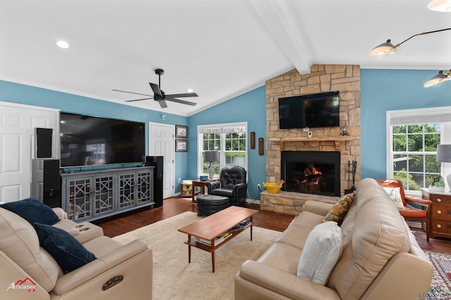 589 County Road 183, Carthage, TX 75633 - living room featuring a fireplace, wood finished floors, ceiling fan, and ornamental molding